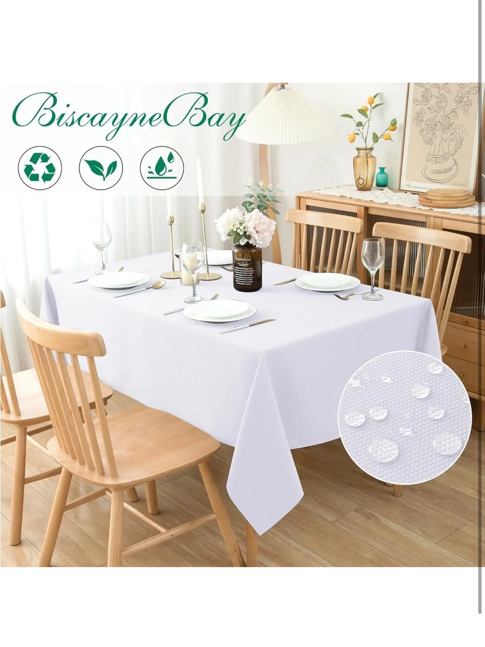 NEW Textured Fabric Tablecloth 70x120” Water Resistant. Machine Washable. White